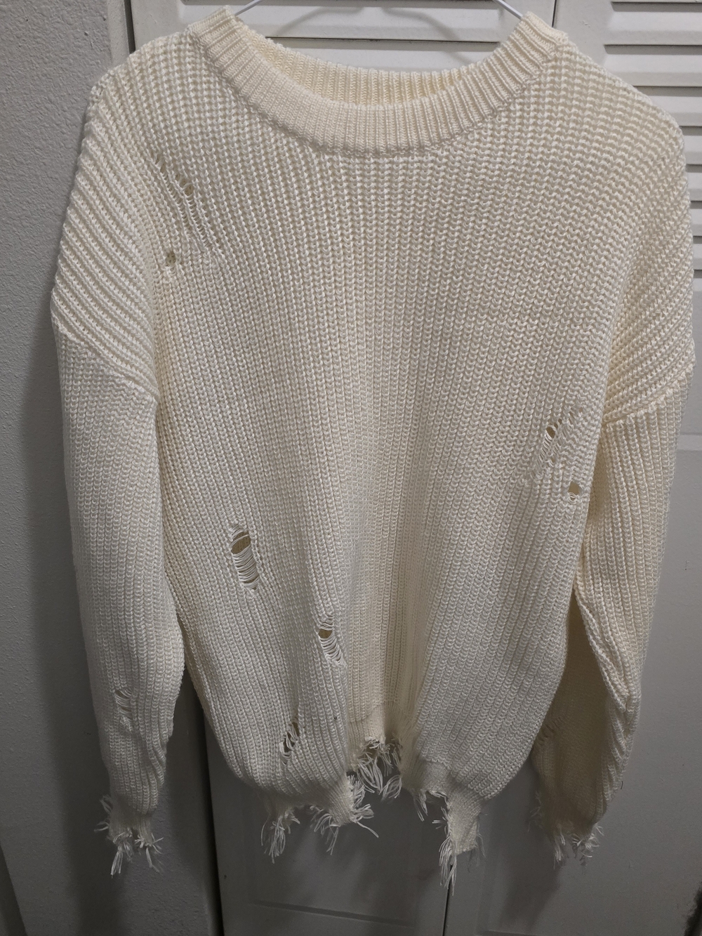 Cream Distressed Knit Sweater - Women's Crewneck
